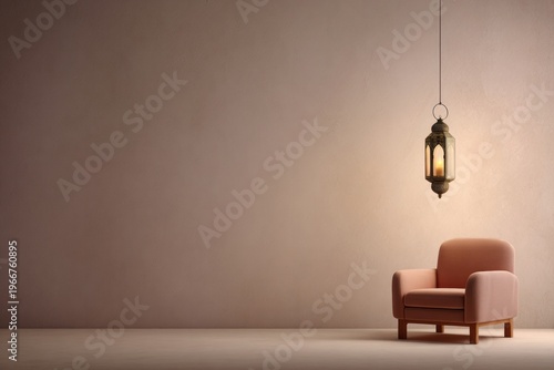 A single armchair and lantern illuminated in a softly lit, empty room.