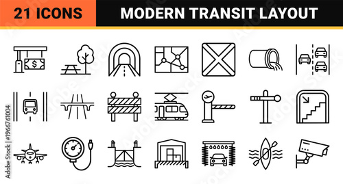 Transportation Infrastructure and Urban Navigation Minimalist Monoline Icon Set featuring Geometric Road, Rail, and Transit Symbols.