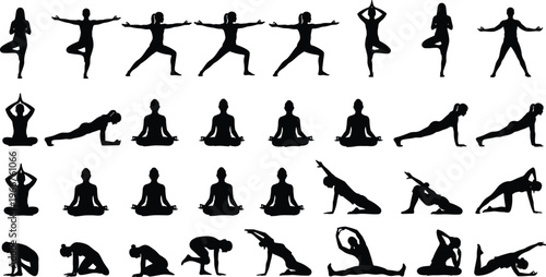 Black silhouette vector illustration of yoga poses with standing, seated, stretching, and meditative positions, symbolizing fitness, wellness, and instructional design themes