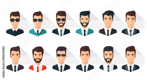 Set of modern male avatars wearing various business suits and sunglasses with long shadows on a light background.