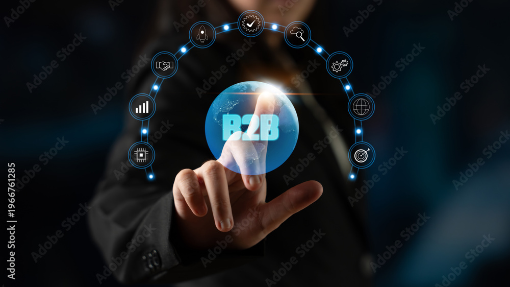 Fototapeta premium Global B2B business growth and partnership solutions. A strategy for market expansion and achieving company goals in worldwide business. Motif