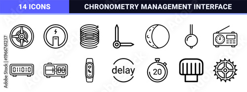 Minimalist Monoline Time and Chronometry Line Art Featuring Geometric Clocks Stopwatches and Hourglass Symbols for Digital Interface Design.