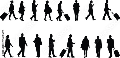 Business people walking with luggage, corporate travelers silhouettes, professional journey, airport commute, business lifestyle, travel concept, executive mobility