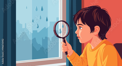 Young child with magnifying glass observing raindrops on a window pane