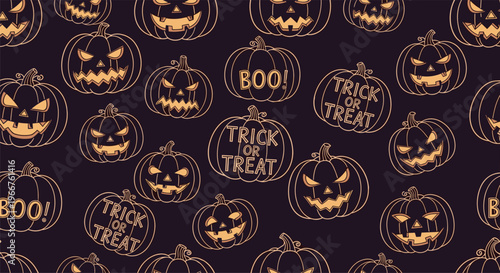 Fun seamless pattern of spooky orange jack o lanterns and boo text on a dark purple background for halloween celebration.