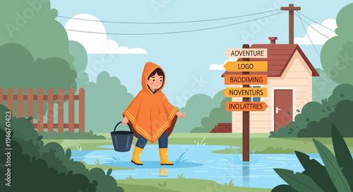 Child in orange poncho and yellow boots walking through flooded ground with a bucket and signpost