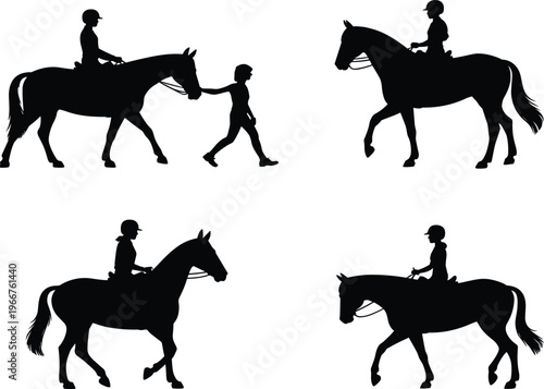 Horse riding silhouettes, rider with helmet, walking horse, mounted rider poses, equestrian sport, horseback handling, training, flat vector illustration