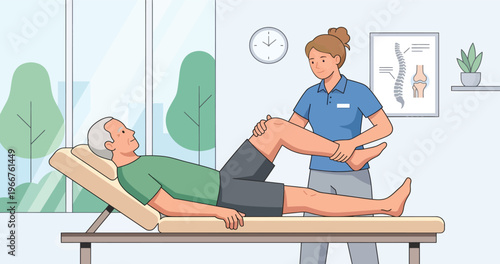 Physical therapist assisting senior man with knee rehabilitation exercises.