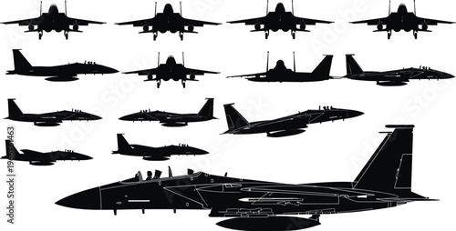 Black silhouette vector illustration of F‑15 Eagle fighter jet with multiple views, twin stabilizers, dual engines, and cockpit details, symbolizing aviation and military aircraft design