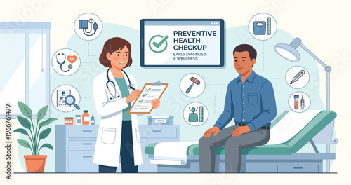 Doctor consulting patient about preventive health checkup in clinic.