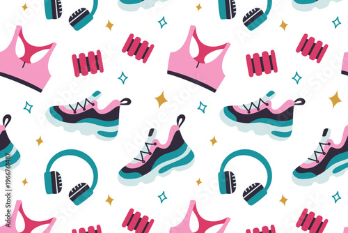 Bright fitness seamless pattern with sneakers, women top, hand weights and headphones. Workout accessories and activewear, sport and healthy lifestyle flat cartoon vector illustration