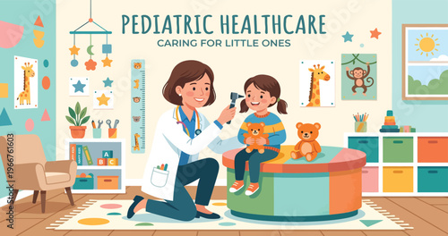 Female pediatrician examining a young girls ear with an otoscope during a check-up.