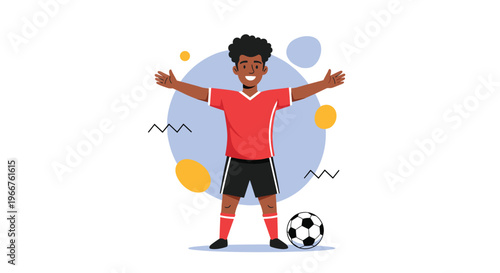 Smiling young african american soccer player in a red sports uniform celebrating a goal with his arms wide open.