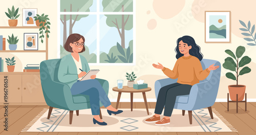 Two women engaged in a therapy session, discussing mental health and well-being.