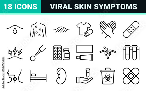 Dermatology and Viral Skin Condition Outline Icons; Minimalist Monoline Geometric Line Art for Medical Diagnostics and Treatment.