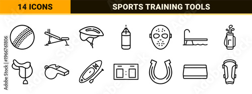Athletic Equipment and Fitness Gear Minimalist Monoline Icon Set featuring Geometric Line Art for Commercial Sports Apps and Design.