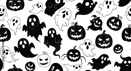 Seamless halloween background pattern with black and white silhouettes of spooky ghosts and carved jack o lanterns.