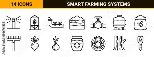 Smart Agriculture and Modern Farming Icon Set featuring Minimalist Geometric Line Art for Agritech and Sustainable Cultivation Systems.