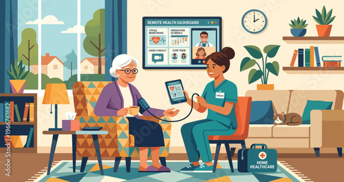 Nurse assisting elderly woman with blood pressure check at home.