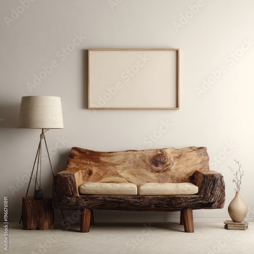 Rustic log sofa and floor lamp displayed in a modern room.