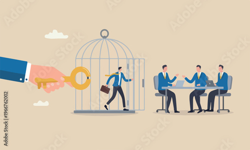 Reopen econom the illustration is modern, flat design with clean lines and minimal shading meeting teams together government unlock the cage and businessman return work