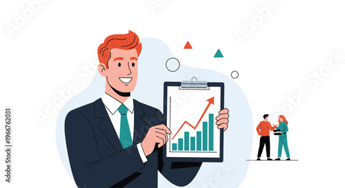 Professional businessman showing a successful financial growth chart on a clipboard during a corporate presentation.