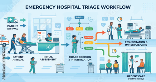 Emergency Hospital Triage Workflow Infographic with Medical Staff and Patients.