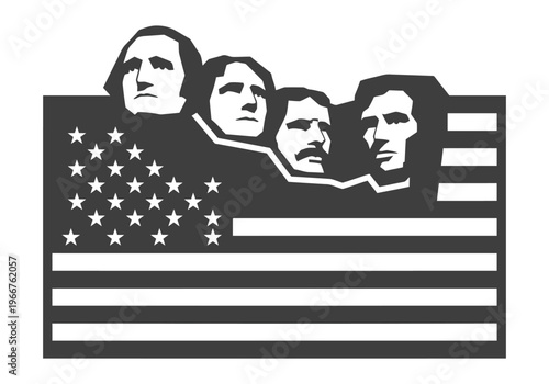 Mount rushmore presidents silhouettes over american flag stars and stripes banner backdrop.