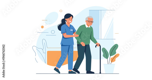 Nurse assisting elderly man with walking cane.