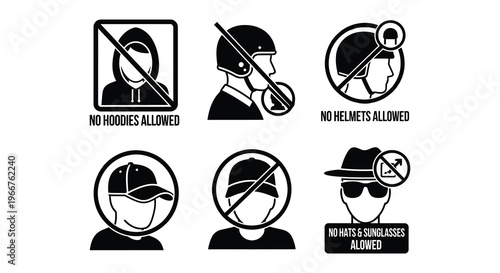Prohibited headwear signage hoodies helmets hats and sunglasses are not allowed