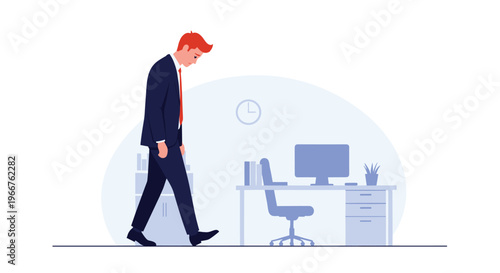Exhausted businessman walking slowly through his office toward the door after a long and stressful day of work.