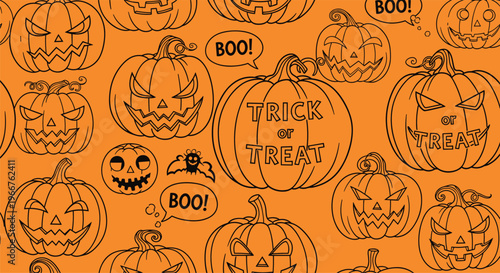 Spooky halloween pumpkin pattern on an orange background with trick or treat text and various jack o lantern faces.