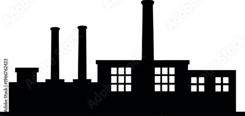 A black silhouette of a factory with smokestacks