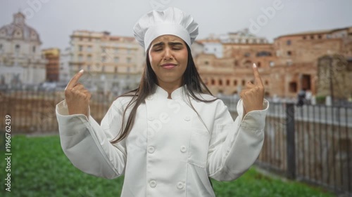 Hispanic woman chef pointing index fingers to herself in front of an ancient stone building with ruins and iron fence; confusion identity.