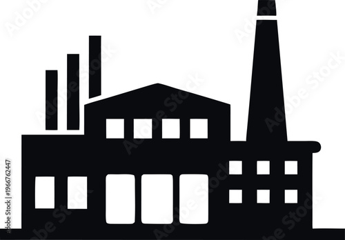 A black silhouette of an industrial building with smokestacks