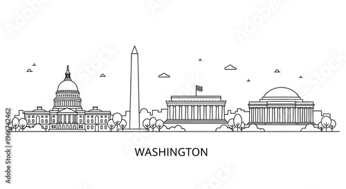 Line art silhouette of Washington DC monuments featuring Capitol building and obelisk