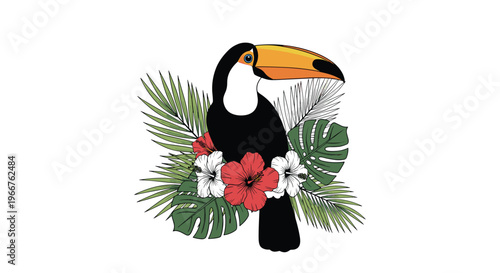 Exotic toucan bird perched among lush tropical hibiscus flowers and green palm leaves in a vibrant floral arrangement.