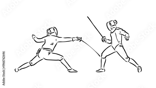 A minimalist vector illustration of two fencers in action with swords