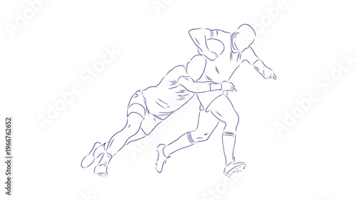 A minimalist line art illustration of two rugby players in action