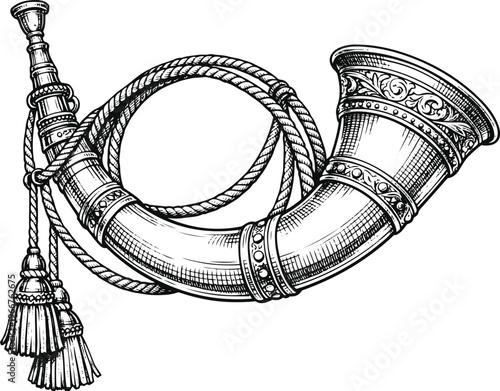 Hunting Horn Line Illustration – Curved Ceremonial Wind Instrument Outline Drawing