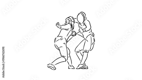 A minimalist line art illustration of two fencers in action