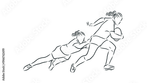 A minimalist line art illustration of two women playing rugby