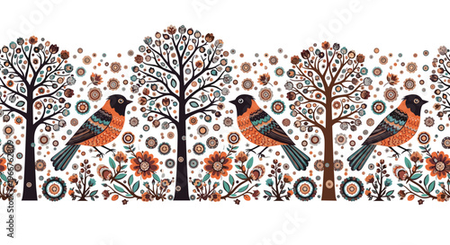 Folk art style horizontal border featuring colorful birds sitting on trees among a variety of decorative flowers.