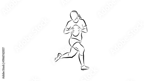 A minimalist line art illustration of a woman running with a rugby ball