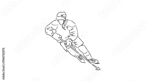 A hockey player in motion, skating with a hockey stick in hand
