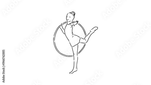 A minimalist line art illustration of a woman performing gymnastics with a hoop