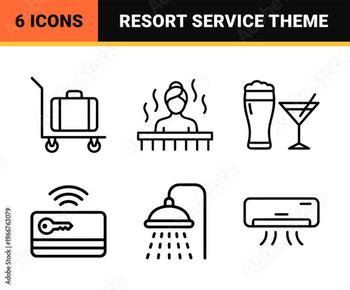 Luxury Resort and Travel Services Amenities minimalist Monoline Geometric Outline Style Vector Symbols for Commercial Stock Media Projects