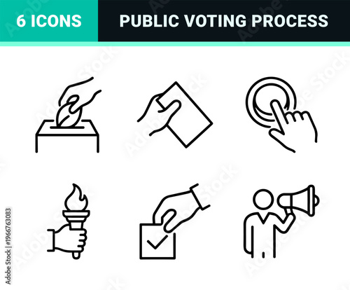 Civic Engagement and Democratic Process Icon Set featuring Minimalist Monoline Symbols for Elections, Voting, and Government Policy.