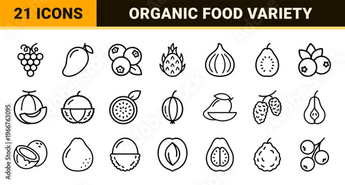 Minimalist Geometric Fruit Line Art Outline Symbols; Commercially Refined Monoline Orchard Produce Graphic Resources for Grocery Branding