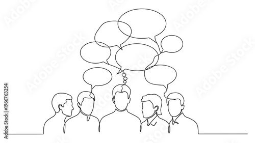 Continuous line drawing of businessmen discussing ideas.